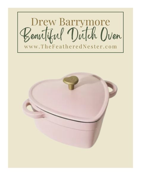 The adorable Heart-Shaped Dutch Oven by Drew Barrymore's Beautiful that Looks Like Le Creuset's, made our hearts skip a beat. and it's inexpensive! Heart Shaped Dutch Oven, Le Creuset Heart Shape, Le Creuset Pink Heart, Essential Kitchen Items, Must Have Kitchen Appliances, Ceramic Dutch Oven, Le Creuset Dutch Oven Black Knob, Iron Heart, Cast Iron Dutch Oven