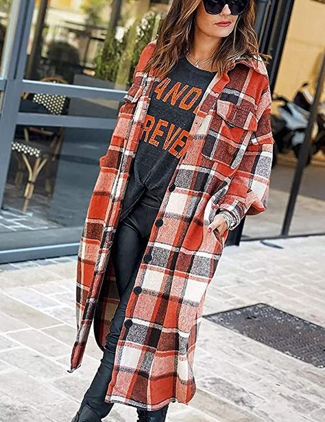 Peaceglad Women's Lounge Lapel Button Up Long Sleeve Plaid Long Shirt Jacket Shacket(Orange-Red,L) at Amazon Women’s Clothing store Preppy Granny, Long Plaid Coat, Plaid Trench Coat, Shirt Collar Styles, Plaid Sleeve, Loose Coats, Mode Boho, Long Trench Coat, Urban Street Style