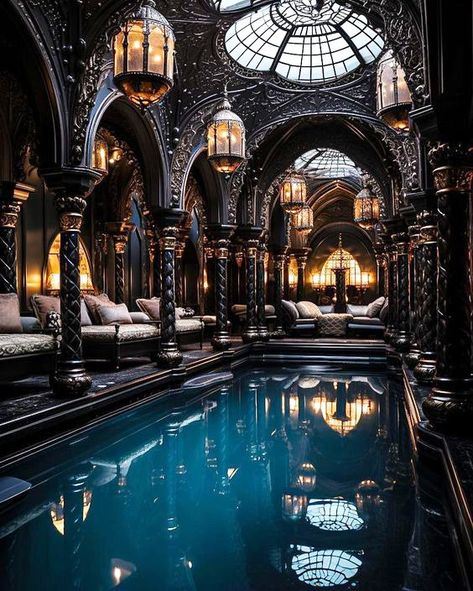 Gothic Mansion Interior, Victorian Gothic Mansion, Mansion Aesthetic, Gothic Mansion, Castle Bedroom, Gothic Interior, Victorian Mansion, Dark Castle, Indoor Swimming Pool