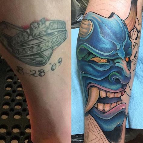 Blue Hannya mask coverup by Chad Whitson at Bearcat Tattoo Gallery Hanna Mask Tattoo, Koi Fish Drawing Tattoo, Hannya Mask Tattoo, Koi Fish Drawing, Buddha Tattoo Design, Hannya Mask, Fish Drawing, Buddha Tattoo, Mask Tattoo