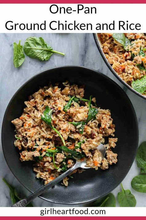 With lots of warming spices, ground chicken, fluffy rice and colourful veggies, this delicious one-pan ground chicken and rice recipe is a cinch to put together and cleanup is a breeze. If you're a fan of sweet and savoury combinations, this ground chicken recipe is a must try! #onepanrecipe Ground Chicken And Brown Rice Recipes, Ground Chicken And Rice, Ground Chicken Recipe, Chicken And Rice Recipe, Special Dishes, Comfort Dinner, Fluffy Rice, Chicken And Brown Rice, Millet Recipes