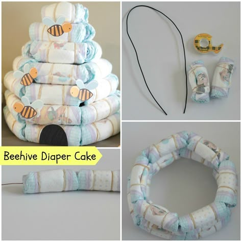 A simple and easy diaper cake for any baby shower gift. The beehive diaper cake works for Winnie the Pooh showers or cute Bee themed showers. What a cute way to give someone much needed diapers for their shower. Beehive Diaper Cake, Kid Gift Ideas, Diaper Gifts, Diaper Cake Ideas, Diaper Organization, Bee Baby Shower Theme, Bumble Bee Baby Shower, Winnie The Pooh Baby Shower, Baby Shower Crafts