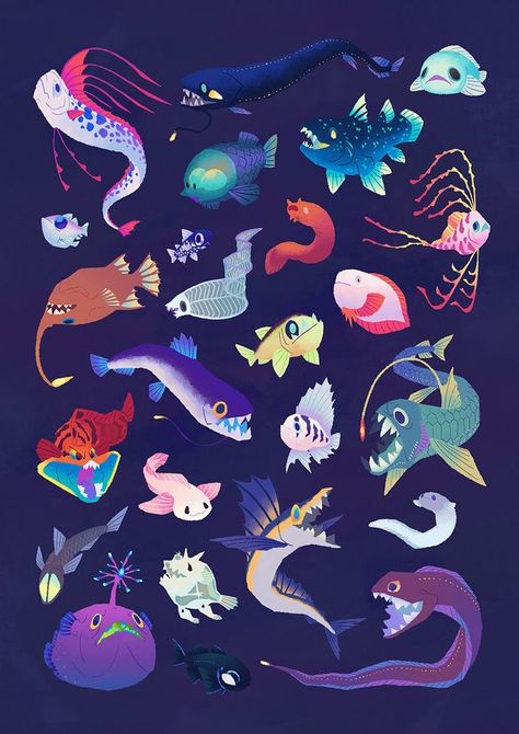 Cool Fish Drawing, Cute Sea Monster, Cute Fish Drawing, Aquatic Aesthetic, Sea Creature Art, Ocean Creatures Art, Illustration Fish, Mini Tela, Sea Creatures Drawing