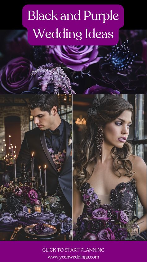 Stunning wedding couple in an elegant and edgy black and purple wedding theme ideas with stunning decor, stylish attire, unique details, and perfect color combinations. Purple And Black Wedding Theme Color Palettes, Dark Purple And Gold Wedding Theme, Purple Witchy Wedding, Plum Wedding Colors Colour Palettes, Royal Purple And Black Wedding, Purple And Green Wedding Ideas, Purple And Silver Wedding Theme, Dark Wedding Theme Color Schemes, Gothic Purple Wedding