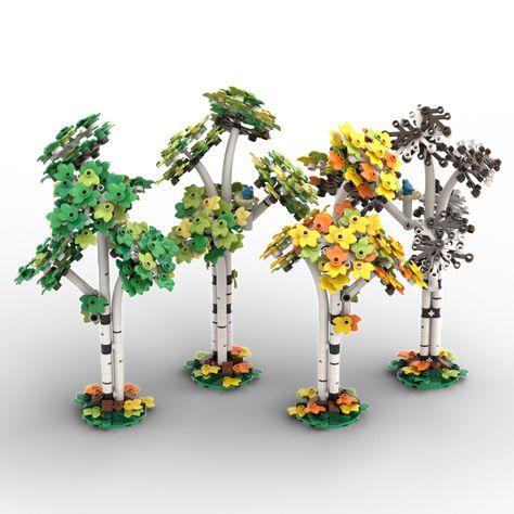 Lego Birch Tree, Lego Tree Techniques, Lego Tree Ideas, Lego Tree Moc, Lego Trees Ideas, Lego Park Ideas, Skyrim Ideas, Lego Mountain, Lego Park