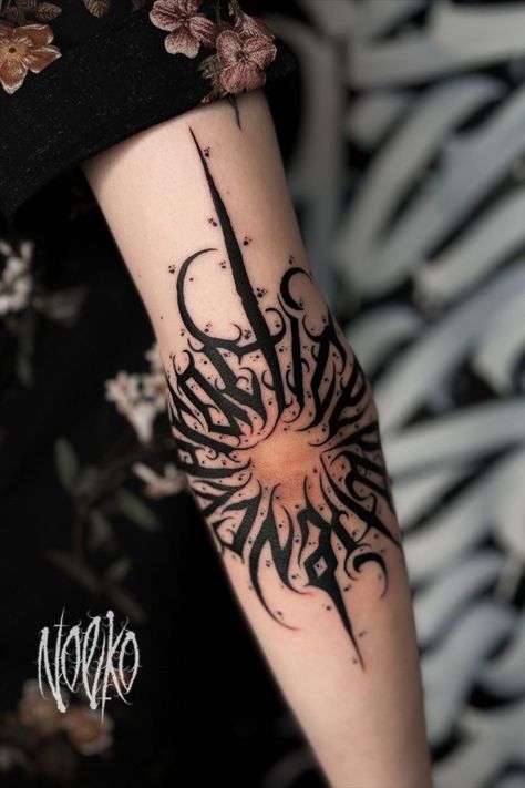 Blackletter Tattoo, Techno Tattoo, Dark Lettering Tattoo, Circular Tattoo, Dark Lettering, Tattoo On Arm, Elbow Tattoo, Tattoo Lettering Styles, Lines And Dots