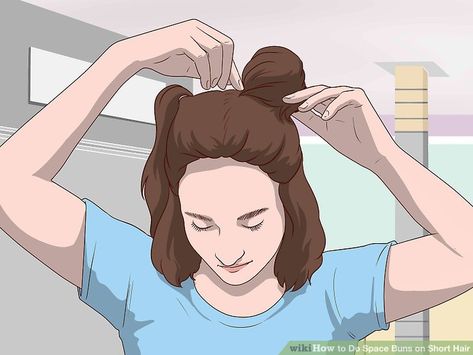 3 Simple Ways to Do Space Buns on Short Hair - wikiHow Space Bins Short Hair, Low Pigtail Hairstyles Short Hair, Spacebuns Hairstyles Short Hair, Short Space Buns, Space Buns With Short Hair, Space Buns Half Up Half Down Short Hair, How To Do Space Buns Short Hair, Buns With Short Hair, Space Buns On Short Hair