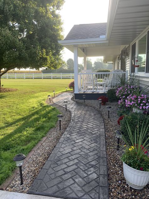 Stamped Concrete Walkway, Backyard Walkway, Walkway Landscaping, Concrete Patio Designs, Brick Walkway, Concrete Walkway, Paver Walkway, Walkway Ideas, Front Walkway