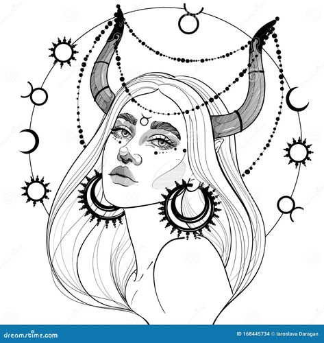 Taurus Horns Drawing, Taurus Art Drawing, Taurus Woman Art, Taurus Girl Tattoo, Taurus Horns, Taurus Goddess Tattoo, Taurus Drawing, Taurus Goddess, Horoscope Illustration