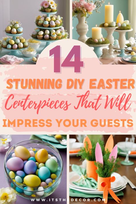 Discover 14 stunning DIY Easter centerpieces that are sure to impress your guests! From elegant floral arrangements to whimsical bunny-themed decor, these easy-to-follow ideas will add a festive touch to your Easter table. Perfect for crafters of all levels looking to add a personal, creative flair to their holiday celebrations. #EasterCenterpieces #DIYDecor #EasterCrafts #TableSettingIdeas Decorative Easter Eggs, Diy Spring Centerpieces, Easter Hosting Ideas, Easter Table Decorations Diy, Easter Living Room Decor, Diy Easter Centerpieces, Easter Tablescape Ideas, Easter Table Decor Ideas, Easter Floral Centerpieces