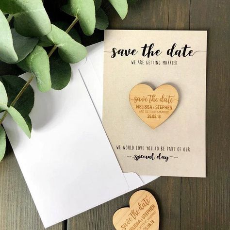 Wooden heart shaped save the date magnet on a piece of paper with envelope Magnet Wedding Invitations, Kraft Invitation, Funny Save The Dates, Foil Save The Dates, Rustic Wedding Save The Dates, Winter Invitations, Wedding Magnets, Invites Wedding, Unique Save The Dates