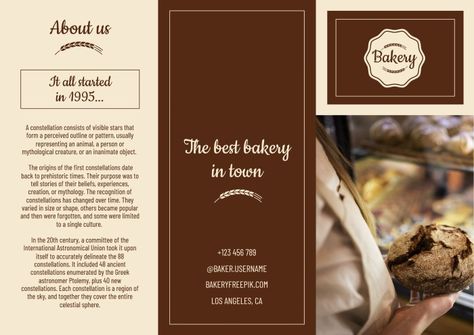 Ornamental Brown Label Bakery Brochure Bakery Brochure, Catalog Cover Design, Spa Brochure, Restaurant Brochures, Gourmet Bakery, Ornamental Design, Bakery Menu, Free Brochure Template, Editing Tool