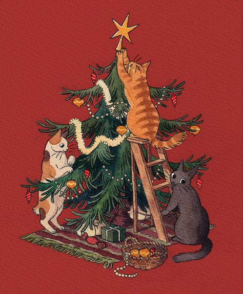 Draw Tutorial, Cat Christmas Tree, Winter Cat, Cat Sketch, 2024 Christmas, Noel Christmas, Christmas Illustration, Christmas Aesthetic, Cat Illustration