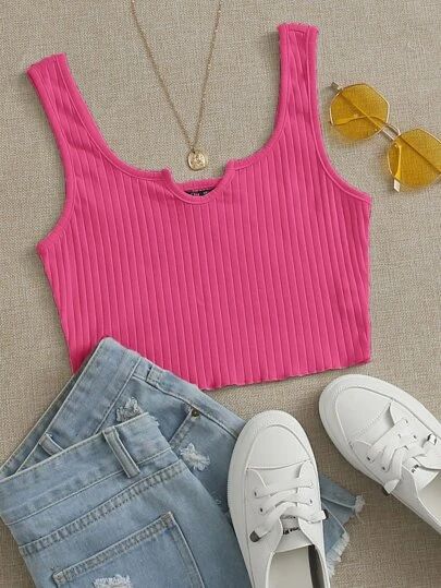 Pink Tank Tops Outfit, Adrette Outfits, Knitted Crop Tank Top, Shein Outfits, Women Tank Tops, Crop Top Outfits, Cute Crop Tops, Tween Outfits, Simple Trendy Outfits