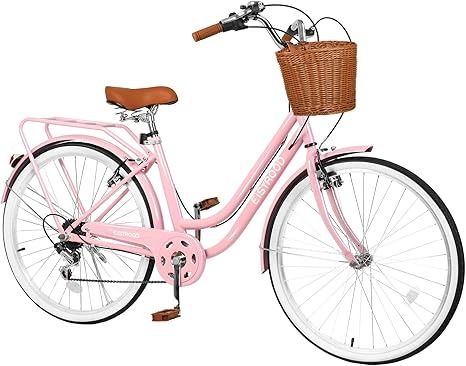 Amazon.com : EISYROOD 26 Inch Beach Cruiser Bike for Women, Hybrid Cruiser Bike with 7 Speed, Adjustable Seat, Lightweight Women Beach Cruiser Bike with Anti-Skid Tires, V-Brakes (Double Bar with Basket, Pink) : Sports & Outdoors Bike For Women, Old Fashioned Bike, Bike With Basket, Beach Cruiser Bike, Pink Bike, Ribbon Crafts Diy, Women Beach, Pink Sports, Beach Cruiser