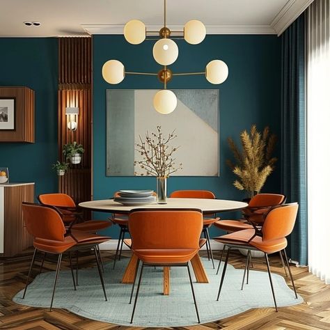 Teal Wall Dining Room, Mid Century Modern And Industrial, Mid Century Mod Color Palette, Teal Accent Wall Dining Room, Midcentury Modern Color Palette Living Room, Accent Wall Mid Century Modern, Mid Century Paint Colors Interior Design, Bold Dining Room Ideas, Art Deco And Mid Century Modern