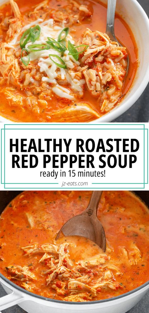 roasted red pepper soup in a bowl and in a pot Red Bell Pepper Soup, Red Pepper Soup Recipe, Roasted Red Peppers Recipes, Roasted Pepper Soup, Pepper Soup Recipe, Bell Pepper Soup, Red Pepper Recipes, Bisque Soup, Roasted Red Pepper Soup