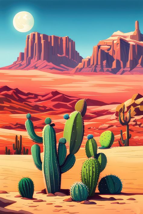 Sunset in The Southwest Digital Illustration I Art Print Desert Cactus Illustration, Cactus Digital Art, Desert Graffiti, Plants Digital Art, Sedona Art, Cactus Inspiration, Cactus In Desert, Desert Sunset Painting, Southwest Art Paintings