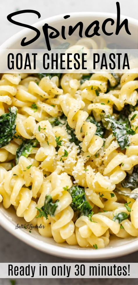 Goat Cheese Pasta Sauce, Creamy Goat Cheese Pasta, Vegetarian Pasta Recipe, Spinach Goat Cheese, Pasta With Lemon, Pasta With Spinach, Cheese Pasta Recipes, Lemon Garlic Sauce, Goat Cheese Pasta