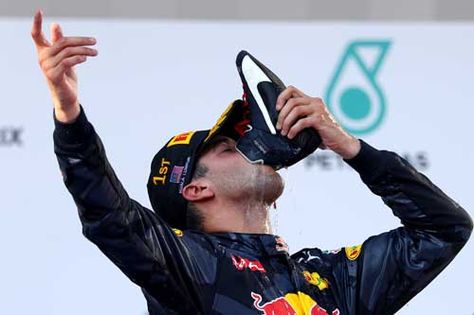 Daniel Ricciardo / Red Bull Racing celebrates his victory in the Malaysian F1 Grand Prix at Sepang Circuit Motorsport Poster, Ricciardo F1, Aryton Senna, Sport Canvas, Sepang, Nico Rosberg, Honey Badger, Daniel Ricciardo, Formula 1 Car