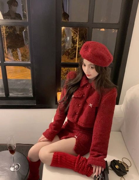 Aesthetic Red And White Outfit, Korean Valentines Day Outfit, Korean Outfits Red, Red Outfit Aesthetic Korean, Korean Red Outfit, Christmas Korean Outfit, Red Korean Outfits, Fancy Korean Outfits, Red Coquette Outfit