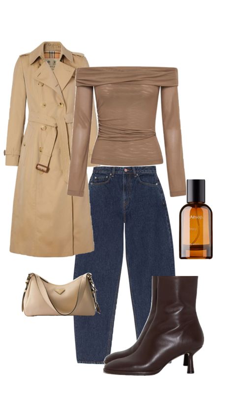 Espresso girl lifestyle  city girl casual days look Sade aesthetic brown boots Aesop perfume Prada bag Burberry trench coat ballon jean off shoulder brown top espresso girl fashion Burberry Trench Coat Outfit, Sade Aesthetic, Trench Coat Outfit, Aesthetic Brown, Girl Lifestyle, Burberry Trench, Burberry Trench Coat, Brown Top, Coat Outfits