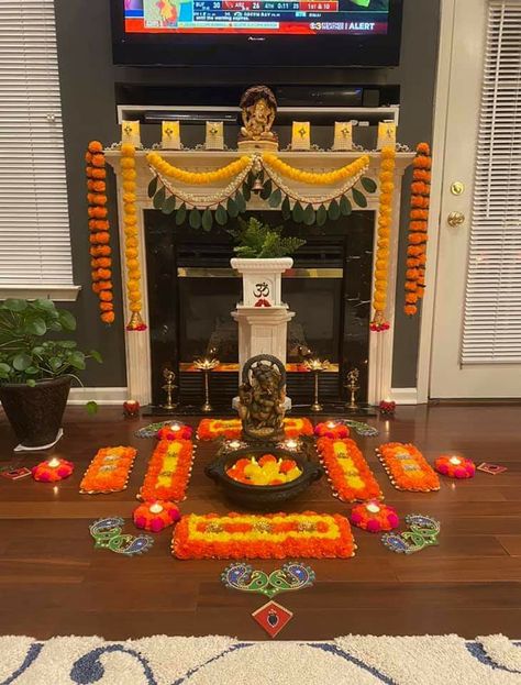 Indian Fireplace Decor, Diwali Fireplace Decor, Diwali Backdrop Ideas For Photoshoot, Indian House Warming Decoration, Gruhapravesam Decoration Ideas Usa, Pooja Backdrop, Flower Wall Decor Diy, Indian Inspired Decor, Puja Decoration