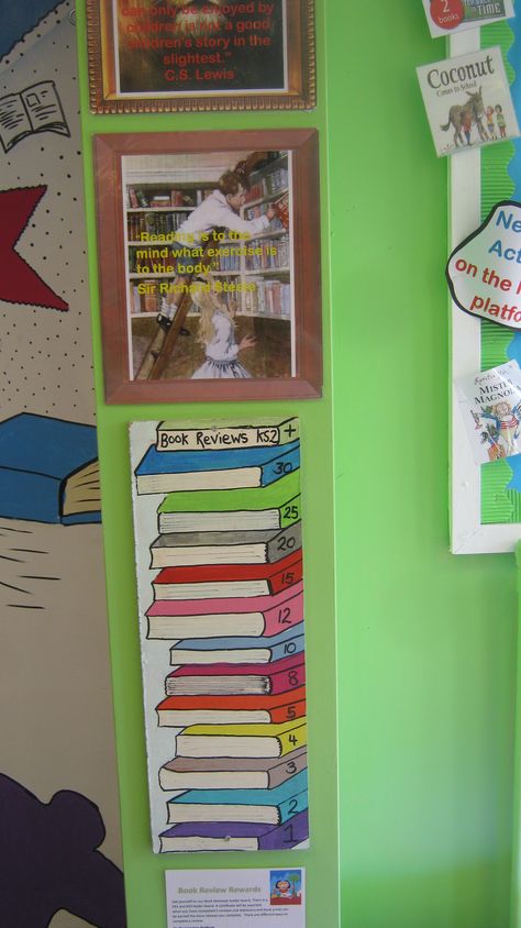 Book Review Leader board. For every five book reviews the children complete, they move up the leader board and win a certificate which is presented in assembly. Classroom Organisation, School Library, The Leader, Book Reviews, I School, Primary School, Book Review, Literacy, Baseball Cards