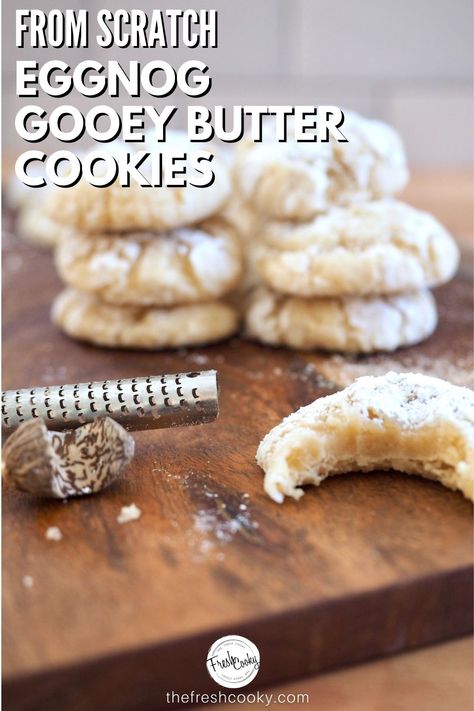 Eggnog Gooey Butter Cookies, Eggnog Bars, Egg Nog Cookies, Eggnog Desserts, Recipes With Eggnog, Egg Nog Cookies Recipe, Eggnog Dessert, Eggnog Cookies, Gooey Butter Cookies