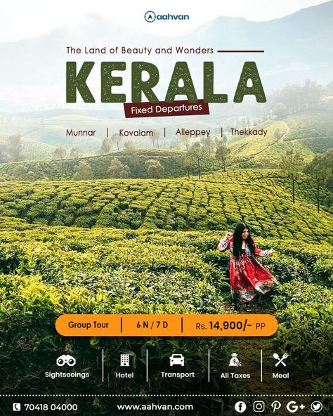 Kerala - The Land of Beauty and Wonders. **Fixed Departures | Group Tour** Enquire now for Best Offers......Book your trip now!!! ➤Inclusion: -Transport -Meal -All Taxes -Sightseeings -Hotel Stay ➤ Visit: https://aahvan.com ➤ Call/ whatsapp us : + 91 7041804000 #aahvan #aahvanadventures #incrediblekerala #beautifuldestinations #incredibleindia #travelphotography #travel #keralabeauty #kerala #keraladiaries #keralatourism #kerala360 #varkalacliff #keralagodsowncountry Travel Graphics Design, Travel Offers Design, Travel Packages Poster, Tour And Travel Poster, Trip Poster Design, Kerala Poster, Tourism Ads, Event Poster Design Inspiration, Travel Advertising Design