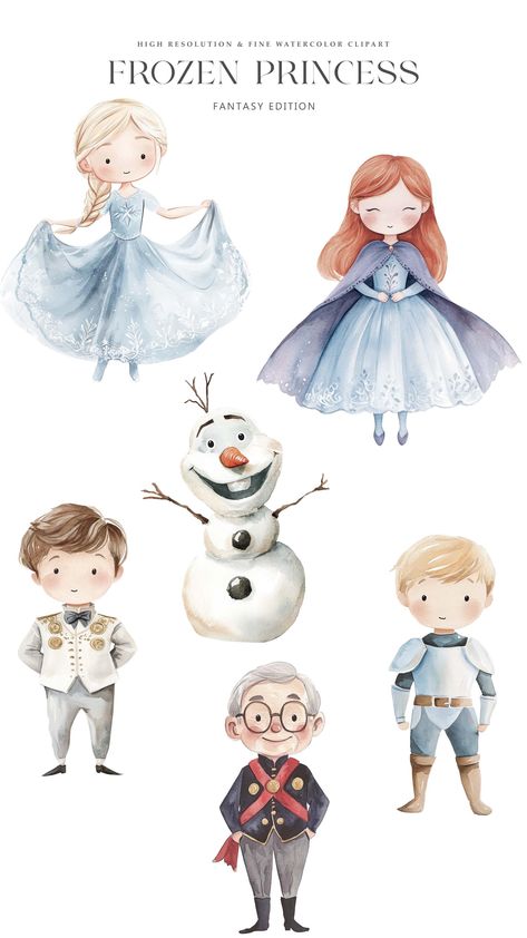 Frozen Illustration Art, Frozen Watercolor, Disney Frozen Art, Frozen Illustration, Glass Cloches, Snowman Baby, Winter Illustrations, Princess Clipart