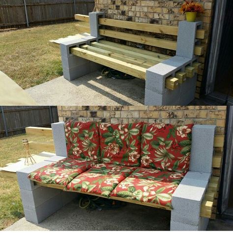 Cinder Block n 4x4s Bench w/ a side table Modern Side Table Design, Cinder Block Furniture, Cinder Block Bench, Patio Diy, Diy Side Table, Cinder Block, Backyard Diy Projects, Diy Patio Furniture, Modern Side Table