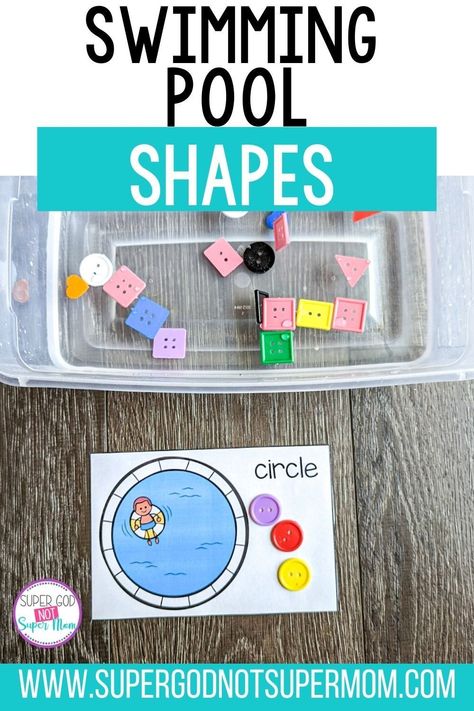 Practice identifying and sorting shapes with this fun swimming pool shapes activity. Let your toddler or preschool child fish out buttons from a water table, sensory bin or pool! Then sort them onto the matching card. This and more free preschool activities are ready for you on my blog! Swimming Activities For Kids, Math Water Activities Preschool, Water Theme Preschool Activities, Swimming Pool Craft, Pool Learning Activities, Water Lesson Plans Preschool, Preschool Water Activities, Upf 50+ Swimwear For Ocean Activities, Swimming Pool Shapes