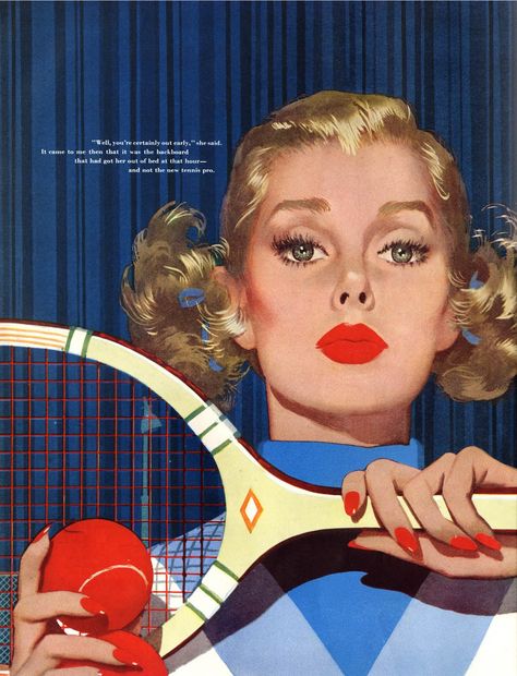 Jon Whitcomb, Tennis Posters, Tennis Art, Mid Century Illustration, Vintage Tennis, Lifestyle Illustration, Magazine Illustration, Pulp Art, Pin Up Art