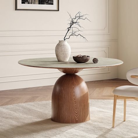 This modern dining table features a round white marble top and a walnut plywood pedestal base, creating a striking contrast that elevates your dining space. The table comfortably seats four people, making it perfect for intimate dinners or casual brunches with friends. Modern Round Table Dining Room, Pedistal Table, Round Table Wood, Round Table Dining Room, Boutique Restaurant, Marble Pedestal Dining Table, Marble Top Table, Round Dinner Table, Large Round Dining Table