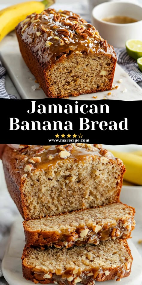 Taste the tropics with this Jamaican Banana Bread! Coconut, rum, and pecans blend perfectly with ripe bananas to create a moist, flavorful bread that's sure to impress. Jamaican Banana Bread Recipe, Jamaican Banana Bread, Beginners Bread Recipe, Banana Pecan Bread, Ms Recipes, Jamaican Dishes, Coconut Bread, Bread Appetizers, Crunchy Pecans