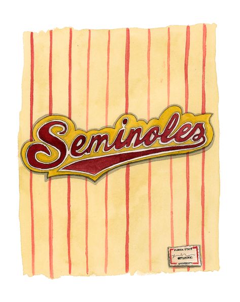 FSU Seminoles Vintage Baseball Jersey watercolor art print is a print of a my hand drawn, watercolor painting. It features a close up of the vintage pinstripe jersey and seminole logo used in the 1950/60s Florida State University Mens Baseball Team at FSU. Go Noles! artxnikki is a licensed Florida State University artist- The University names and logos on this product are registered trademarks of Florida State University. It is printed on a cold press, watercolor textured paper. Acid free, archi Vintage Fsu Poster, Vintage Baseball Art, Fsu Prints, Fsu Painting, Fsu Gameday Outfit, Artsy Patterns, Gameday Pin, Fsu Shirts, Western Wallpapers