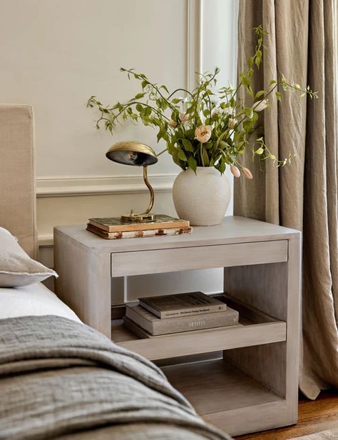 Nightstand Open Shelf, Open Shelf Nightstand Decor, Modern Bed Side Tables, Lulu And Georgia Nightstand, Modern Coastal Nightstands, Night Stand Ideas Modern, Light Wood Nightstands, Light Wood Bedside Table, Nightstand Decor No Lamp