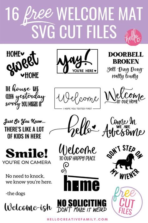 Welcome guests to your home with a DIY welcome mat that you made with your Cricut! We're sharing 16 free welcome svg files! From funny to sweet we've got you covered including a free Home Sweet Home SVG File. We're also sharing step by step instructions on how to make a door mat using your Cricut and freezer paper! Welcome Signs For Front Door Cricut, Welcome Svg Front Doors, Welcome Sign With Cricut, Free Welcome Svg, Welcome To Our Home Svg Free, Welcome Sign Svg Free, Welcome Svg Free, Welcome Sayings, Cricut Door Mat