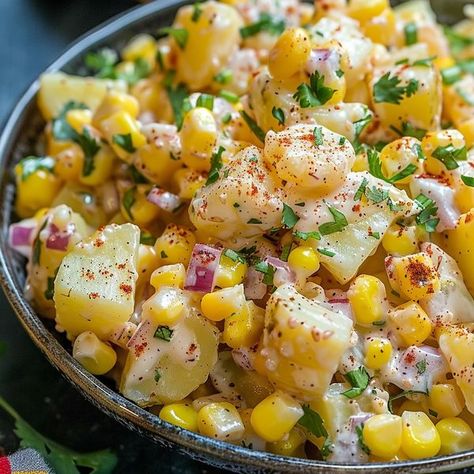 Food Macros Corn Potato Salad, Grilled Corn Salad, Potato Salad Recipe, Spicy Salsa, Mexican Street Corn, Street Corn, Mexican Street, Corn Salad, Corn Recipes