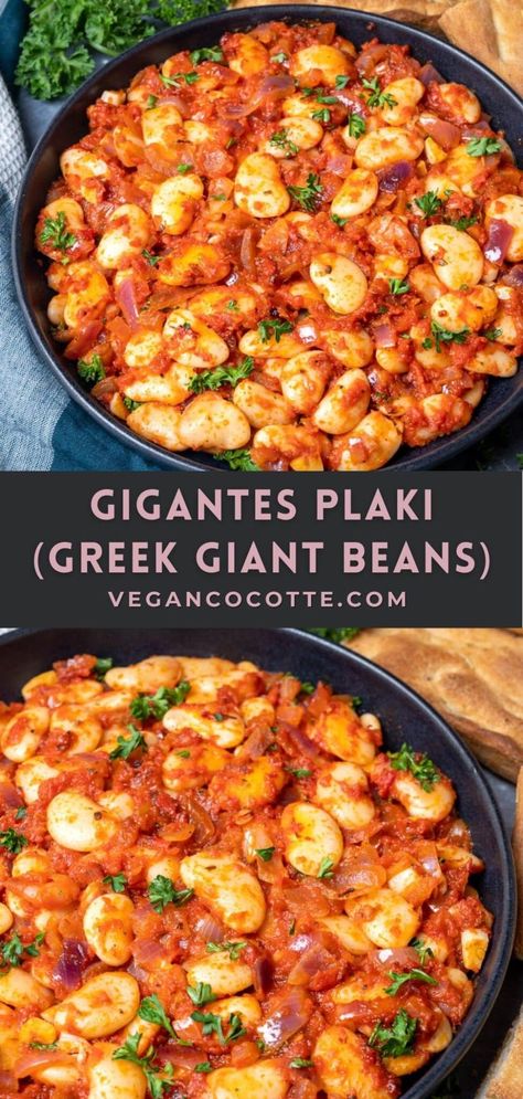 Gigantes Plaki (Greek Giant Beans) Giant Bean Recipes, Greek Gigantic Beans, High Protein Vegetable Side Dishes, Gigante Bean Recipes, Mediterranean Butter Beans, Eat Like A Greek, Giant Beans Greek, Greek Platter Mediterranean Dishes, Greek Recipes Vegan