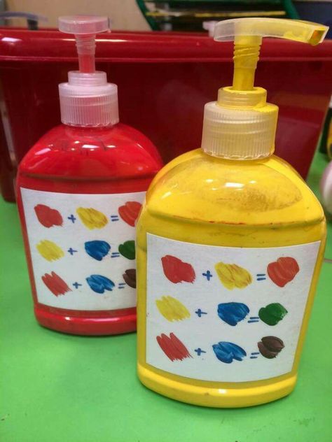 Self serve paint station, This would be fun to do with the children. I really like how it allows them to explore and experience on their own! Vetenskapliga Experiment, Eyfs Classroom, Creative Area, Nursery Activities, Classroom Organisation, Preschool Classroom, Preschool Art, Art Classroom, Elementary Art