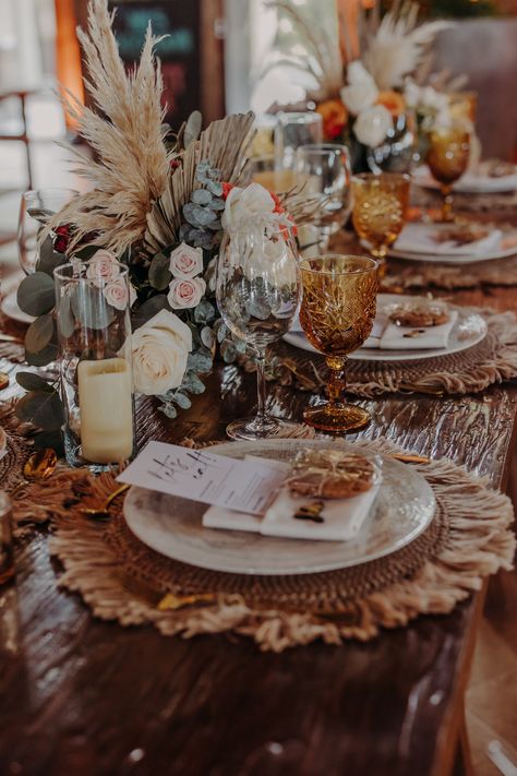 Vintage Goblets Wedding, Pampas Grass Table Decor, Amber Glass Wedding, Boho Wedding Tablescape, Goblets Wedding, Boho Wedding Table, Mexico Beach Weddings, Wedding Goblets, Wedding Table Setup