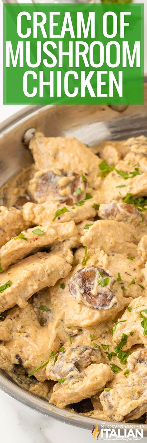 Creamy Mushroom Chicken features a velvety mushroom sauce over boneless chicken breasts. Make this easy chicken recipe in just one pan! Homemade Salisbury Steak, Cream Of Mushroom Chicken, Creamy Mushroom Chicken, Easy Chicken Recipe, Chicken Mushroom Recipes, The Slow Roasted Italian, Mushroom Dish, Easy Chicken Breast, Chicken Breast Recipes Easy