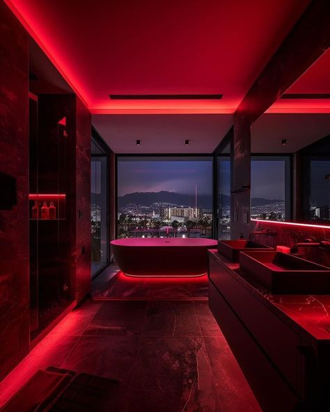 Mansion Rooms, Red Bathroom Decor, High Rise Apartments, Aesthetic Bathroom, Bathroom Red, Apartment Aesthetic, Condo Living, Red Rooms, Red House