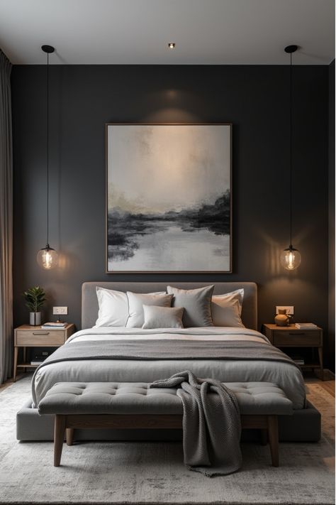 Modern masculine bedroom with charcoal gray walls and minimalist furniture Grey Tv Bed Bedroom Ideas, Rooms For Men Bedroom, Graphic Charcoal Behr Paint Bedroom, Men House Decor Ideas Bedroom, Dark Style Bedroom, Dark Modern Contemporary Bedroom, Dark Gray Color Palette Bedroom, Master Bedrooms Dark Gray Walls, Master Bedrooms Dark Grey Bed