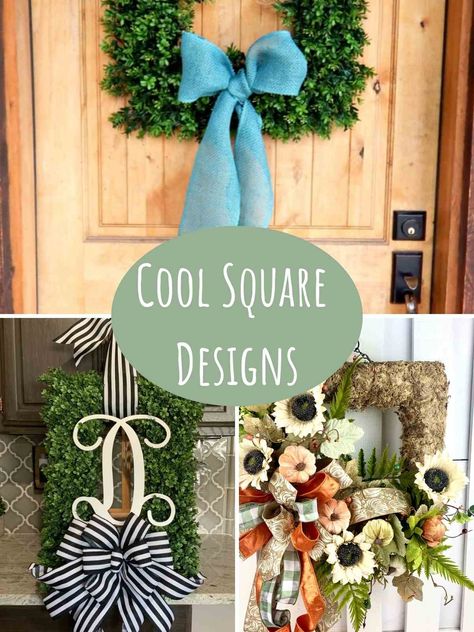 33 Cutest Square Wreath Ideas + DIY - PinkPopDesign Rectangle Wreath Ideas, Diy Square Christmas Wreath, Square Moss Wreath, Diy Square Wreaths For Front Door, Diy Square Wreath, Square Wire Frame Wreath Ideas, Square Metal Wreath Frame Ideas, Square Wire Wreath Ideas Diy, Square Fall Wreaths