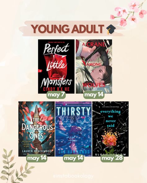 1. Perfect Little Monsters by Cindy R.X. He (5/7) 2. A Crane Among Wolves by June Hur (5/14) 3. The Dangerous Ones Lauren Blackwood (5/14) 4. Thirsty by Jas Hammonds (5/14) 5. Everything We Never Said by Sloan Harlow (5/28) Carley Fortune, Kevin Kwan, Romanticising School, Ruth Ware, Young Adult Books, Christina Lauren, It Ends With Us, Ya Books, Book Release