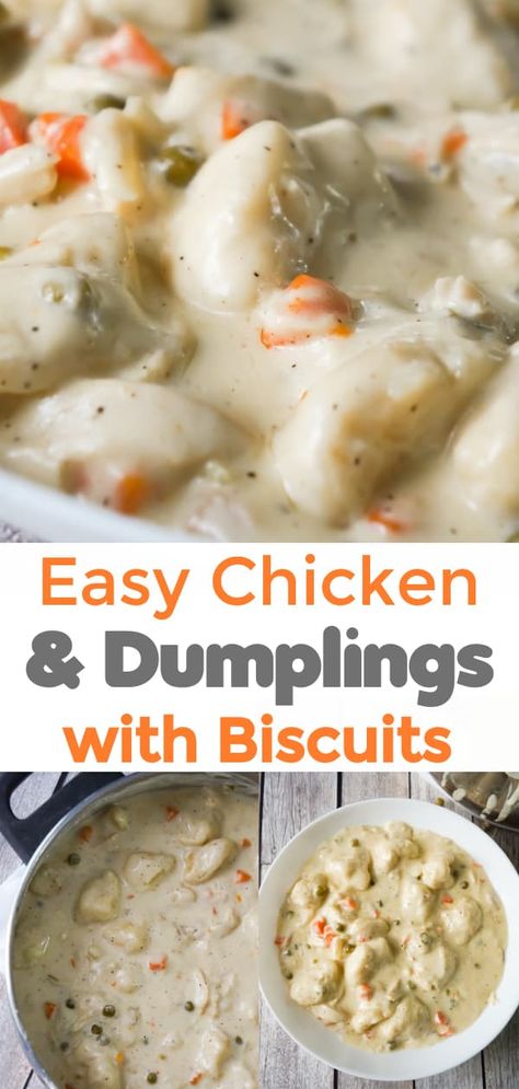 Easy Chicken and Dumplings with Biscuits is a hearty dinner recipe loaded with shredded chicken, Pillsbury biscuit pieces, peas and carrots all in a thick and creamy sauce. Chicken And Dumplings Recipe With Biscuits, Biscuit Chicken And Dumplings, Dumplings With Biscuits, Chicken And Dumplings With Biscuits, Quick Chicken And Dumplings, Easy Chicken Dumpling Recipes, Corolla Cross Hybrid, Easy Chicken And Dumplings Recipe, Easy Dumplings Recipe