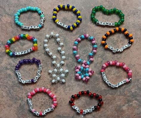 Dirty Kandi Bracelets, Candi Ideas Rave, Rave Kandi Ideas Funny, Candi Bracelet Idea, Bracelet Ideas Loom, Funny Kandi Bracelets Sayings, Subtronics Kandi, Matching Bead Bracelets For Couples, Emo Kandi Bracelets